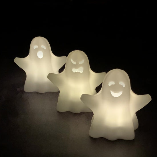 3D Printed halloween decor. Spooky, surprised, happy, friendly, casper, shocked, ghost with flickering tea light candle